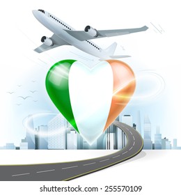 travel and transport concept with Ireland flag on heart vector illustration with cityscape background