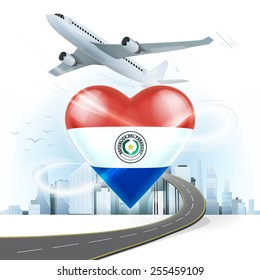 travel and transport concept with Paraguay flag on heart vector illustration with cityscape background
