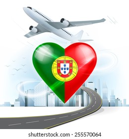 travel and transport concept with Portugal flag on heart vector illustration with cityscape background