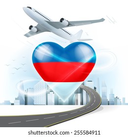 travel and transport concept with Russia flag on heart vector illustration with cityscape background