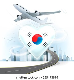 travel and transport concept with South Korea flag on heart vector illustration with cityscape background