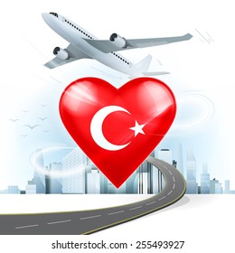 travel and transport concept with Turkey flag on heart vector illustration with cityscape background