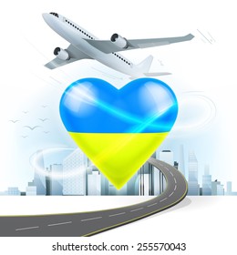 travel and transport concept with Ukraine flag on heart vector illustration with cityscape background