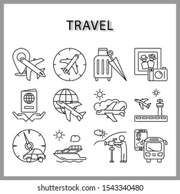travel and transport icon set isolated on white background for web design