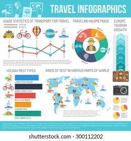 Travel transport kilometrage rest types part of world statistic and grows flat color infographic vector illustration