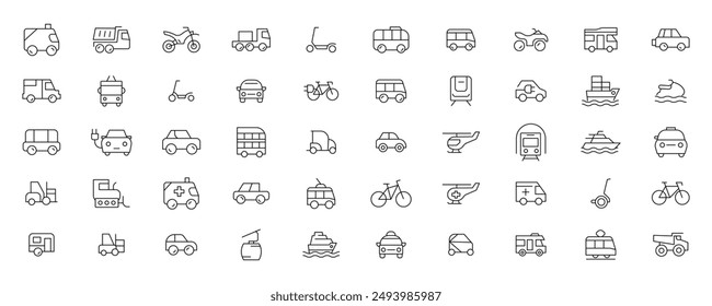 Travel and Transport line icon set. Containing car, bike, plane, train, bicycle, motorbike, bus and scooter icons. Transportation Simple line icon collections