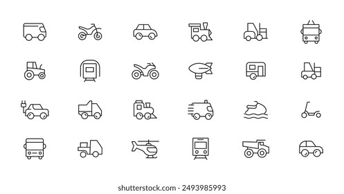 Conjunto de iconos de la línea Viajes y Transporte. Contiene iconos de coche, bicicleta, avión, tren, bicicleta, moto, autobús y scooter. Transporte Icono de línea simple colecciones