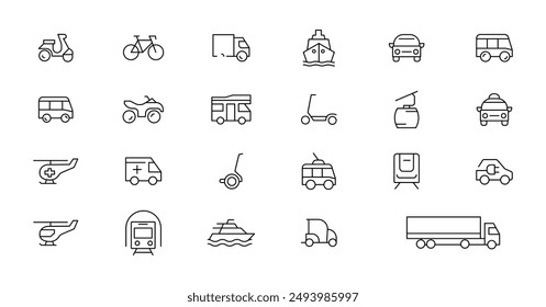 Travel and Transport line icon set. Containing car, bike, plane, train, bicycle, motorbike, bus and scooter icons. Transportation Simple line icon collections