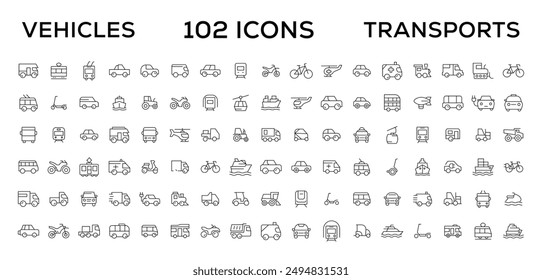 Travel and Transport line icon set. Containing car, bike, plane, train, bicycle, motorbike, bus and scooter icons. Transportation Simple line icon collections