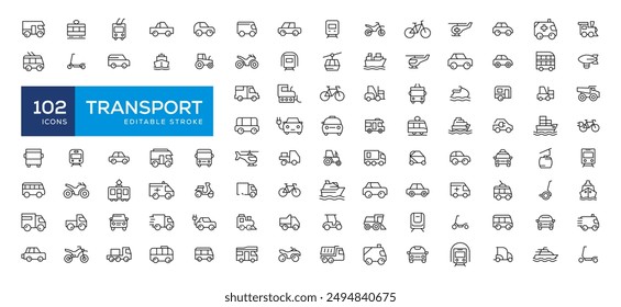 Travel and Transport line icon set. Containing car, bike, plane, train, bicycle, motorbike, bus and scooter icons. Transportation Simple line icon collections