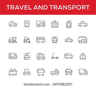 Travel and Transport line icon set. Containing car, bike, plane, train, bicycle, motorbike, bus and scooter icons. Transportation Simple line icon collections