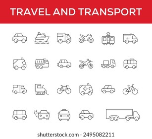 Travel and Transport line icon set. Containing car, bike, plane, train, bicycle, motorbike, bus and scooter icons. Transportation Simple line icon collections