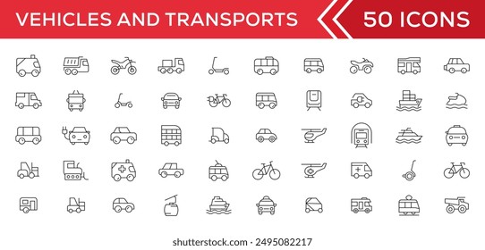 Travel and Transport line icon set. Containing car, bike, plane, train, bicycle, motorbike, bus and scooter icons. Transportation Simple line icon collections