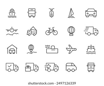 Travel and Transport line icon set. Containing car, bike, plane, train, bicycle, motorbike, bus and scooter icons. Transportation Simple line icon collections