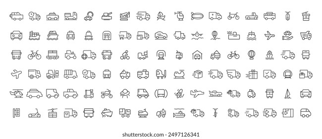 Travel and Transport line icon set. Containing car, bike, plane, train, bicycle, motorbike, bus and scooter icons. Transportation Simple line icon collections