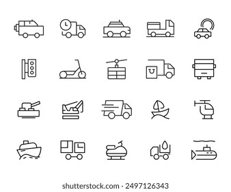 Travel and Transport line icon set. Containing car, bike, plane, train, bicycle, motorbike, bus and scooter icons. Transportation Simple line icon collections
