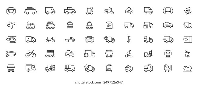 Travel and Transport line icon set. Containing car, bike, plane, train, bicycle, motorbike, bus and scooter icons. Transportation Simple line icon collections