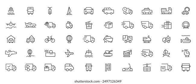 Travel and Transport line icon set. Containing car, bike, plane, train, bicycle, motorbike, bus and scooter icons. Transportation Simple line icon collections