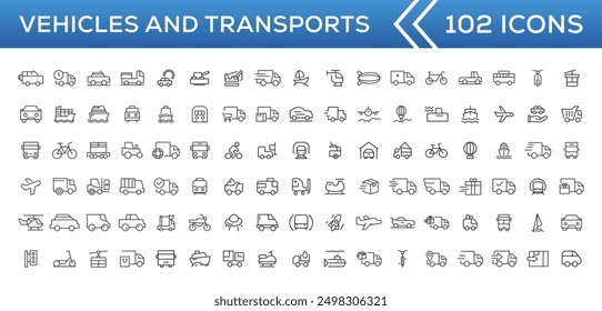 Travel and Transport line icon set. Containing car, bike, plane, train, bicycle, motorbike, bus and scooter icons. Transportation Simple line icon collections