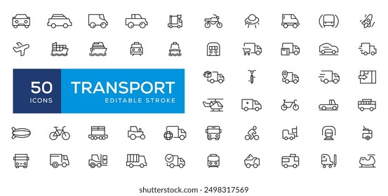 Travel and Transport line icon set. Containing car, bike, plane, train, bicycle, motorbike, bus and scooter icons. Transportation Simple line icon collections