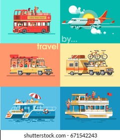 Equipo de transporte de viajes. Viaje al mundo en diferentes vehículos. camión Suv, bus en inglés, avión, barco turístico, yate, bicicleta. Ilustración vectorial plana. Estilo 3d.