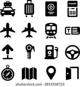 Travel transportation and accommodation icons featuring vehicles luggage and essential items for journey planning