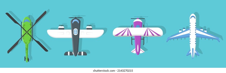 Travel transportation airliner top view. Business aviation transport. Engine wing vehicle adventure plane concept. Set of flying planes, airplane or aeroplane in flat design. Vector illustration. 