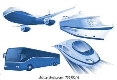 Travel transportation blue vector icons.