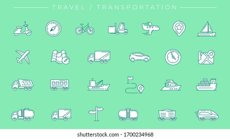 Travel and Transportation concept line style vector icons set