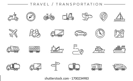 Travel and Transportation concept line style vector icons set