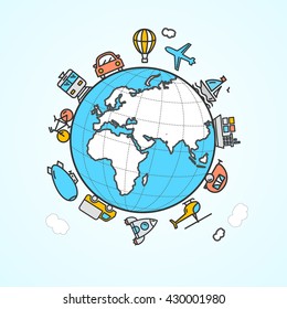 Travel and Transportation Concept. Map and Icons. Vector illustration