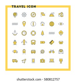 Travel And Transportation Flat Design Icon Set. Map, Compass, Ship. Train, Bus, Bicycle. Vector Icons. Yellow And Black Colors