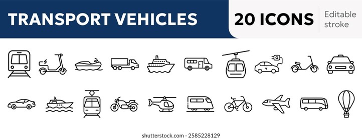 travel  transportation icons including airplane, car, bicycle, train, bus, taxi, motorcycle, scooter, helicopter, cruise ship