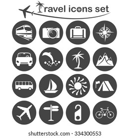Travel and transportation icons set, 16 signs on dark round plates, 2d vector, eps 8
