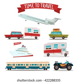 Travel Transportation Set. Travel Camper. Family Van. Family Car. ATV Motorcycle, Passenger Ship, Travel Map, Camper, Car with Baggage. Comic Transportation. Vector illustration