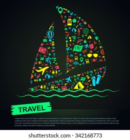 Travel transportation tourism and landmark vacation infographic banner template layout background badge in sailboat sea trip leisure icon, create by vector