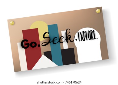 Travel, traveling card, design element. Cardboard card with shadow and graphic city landscape with lettering