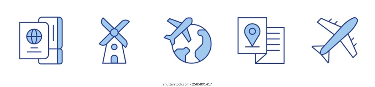 travel, traveling, windmill, brochure, airplane. Travel Icon vector illustration. Line Duotone style. Editable stroke.