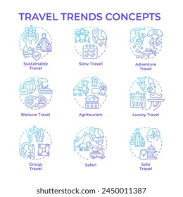 Travel trends blue gradient concept icons. Travel and hospitality industry. Mindful travel. Global tourism. Trip planning. Icon pack. Vector images. Round shape illustrations. Abstract idea