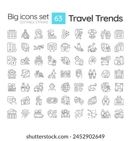 Travel trends linear icons set. Global travel. Responsible tourism, Technology integration. Travel activities. Customizable thin line symbols. Isolated vector outline illustrations. Editable stroke