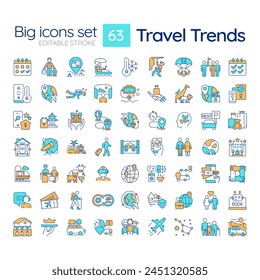 Iconos de color RGB de las tendencias de viaje. Viajes globales. Turismo responsable, integración de la Tecnología. Actividades de viaje. Ilustraciones vectoriales aisladas. Colección de planos de líneas rellenas simples. Trazo editable