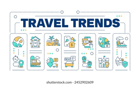 Travel trends word concept isolated on white. Tourism and hospitality industry. Technology integration. Creative illustration banner surrounded by editable line colorful icons. Hubot Sans font used