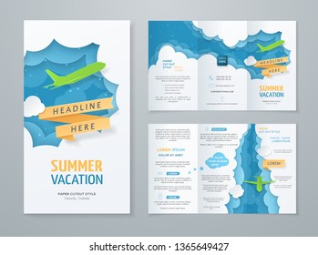 Travel tri-fold brochure with 3d scene with paper cut objects (airplane, clouds, ribbon) on blue background. Vector template with illustration in paper style for design of flyer, booklet and leaflet.