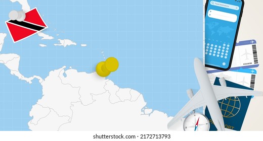 Travel to Trinidad and Tobago concept, map with pin on map of Trinidad and Tobago. Vacation preparation map, flag, passport and tickets. Vector illustration in flat design.