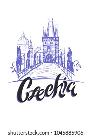 Travel. A trip to the Czech Republic. The City of Prague. Sketch. The Charles bridge. The design concept for the tourism industry. Vector illustration.