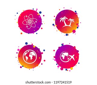Travel trip icon. Airplane, world globe symbols. Palm tree sign. Travel round the world. Gradient circle buttons with icons. Random dots design. Vector