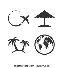 Travel trip icon. Airplane, world globe symbols. Palm tree and Beach umbrella signs. Flat icons on white. Vector
