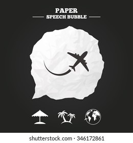 Travel trip icon. Airplane, world globe symbols. Palm tree and Beach umbrella signs. Paper speech bubble with icon.