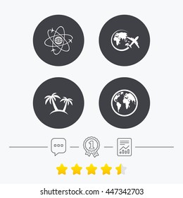 Travel trip icon. Airplane, world globe symbols. Palm tree sign. Travel round the world. Chat, award medal and report linear icons. Star vote ranking. Vector