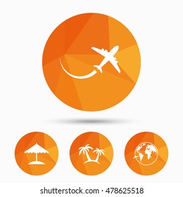 Travel trip icon. Airplane, world globe symbols. Palm tree and Beach umbrella signs. Triangular low poly buttons with shadow. Vector